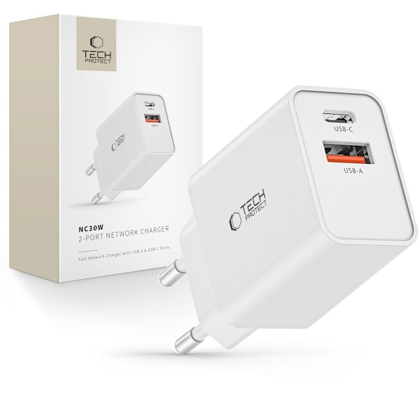 Tech-Protect 30W PD QC 2x USB-C/USB-A Väggladdare Vit