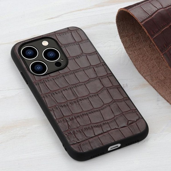 iPhone 14 Pro Skal Äkta Läder Krokodil Textur Brun