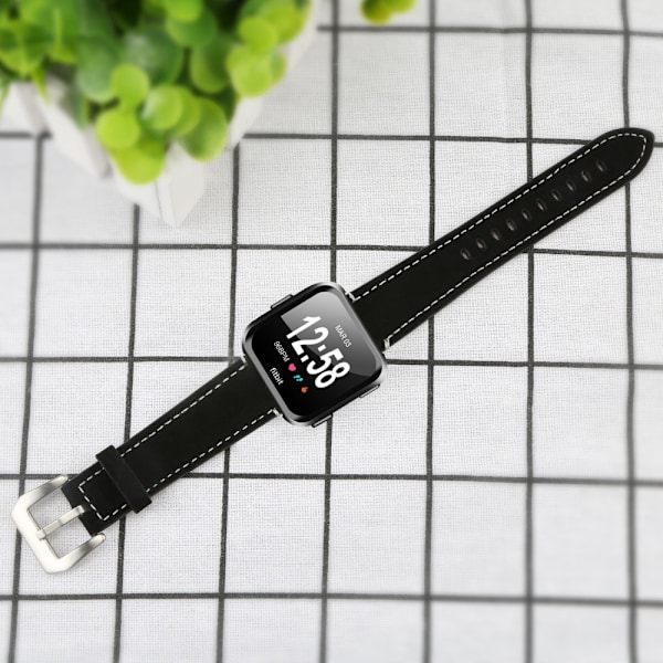 Äkta Läder Armband Fitbit Versa/Versa 2 - Svart Black Svart