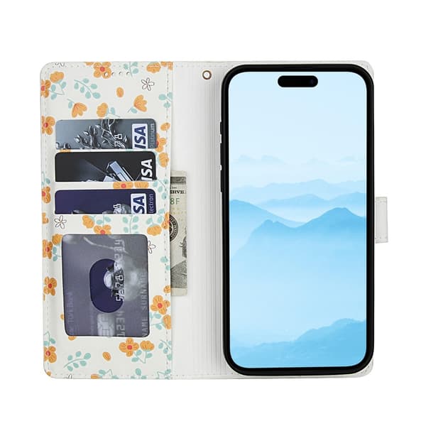 iPhone 16 Pro Fodral Rhombus Läder Blommor Vit