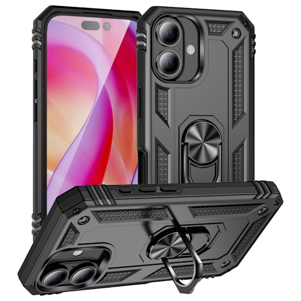 iPhone 16 Skal Shockproof Hybrid Ring Svart