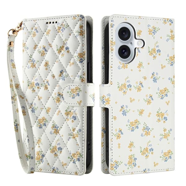 iPhone 16 Fodral Rhombus Läder Blommor Vit