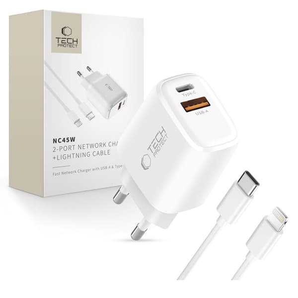 Tech-Protect 45W Väggladdare Inkl. Lightning - USB-C Kabel Vit
