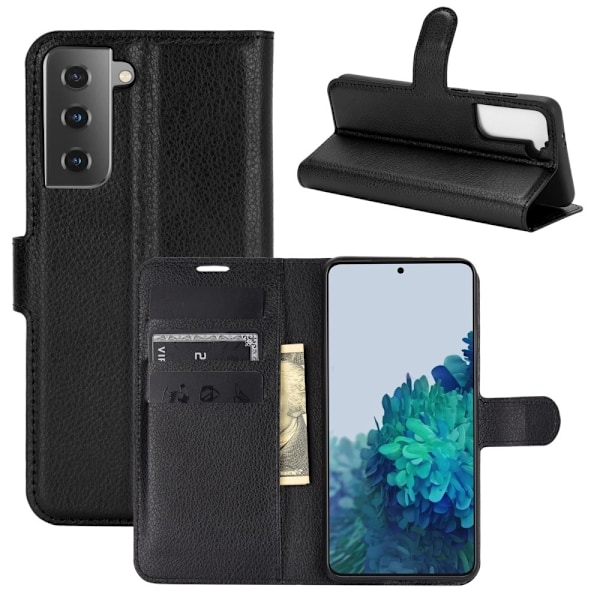 Samsung Galaxy S21 Plus - Litchi Läder Fodral - Svart Black Svart