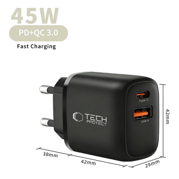 Tech-Protect 45W PD QC3.0 Väggladdare USB-C / USB-A Svart