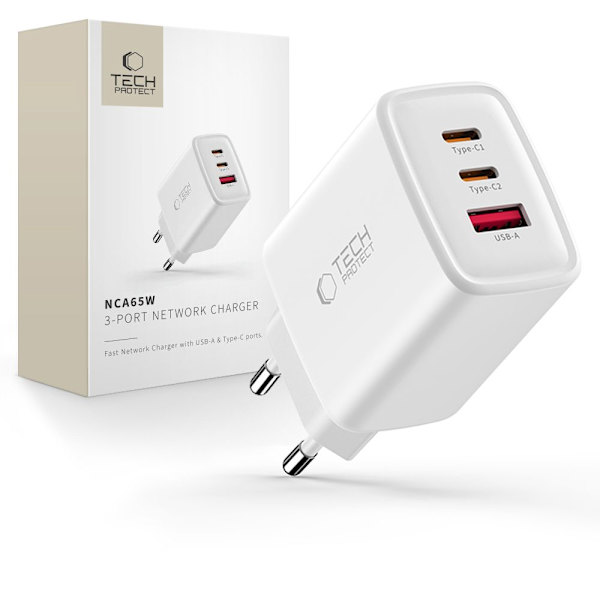 Tech-Protect 65W Väggladdare PD QC3.0 USB-C / USB-A Vit