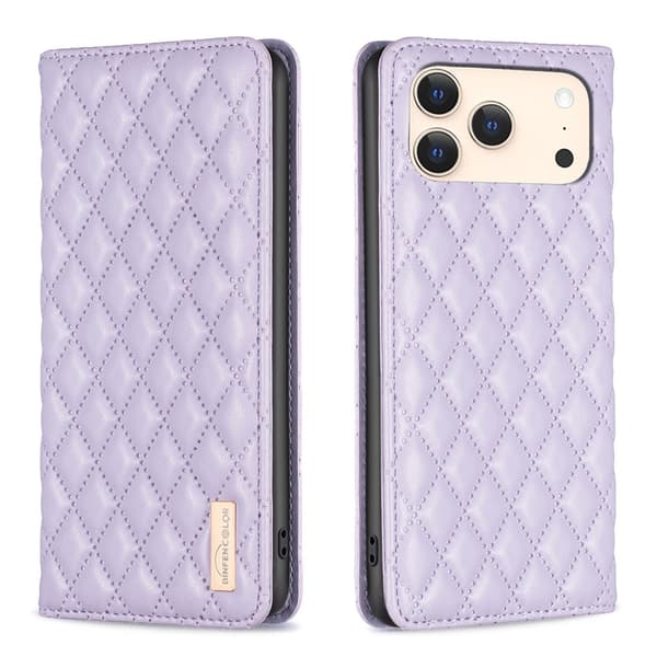 BINFEN iPhone 17 Pro Fodral Flip Diamond Läder Lila