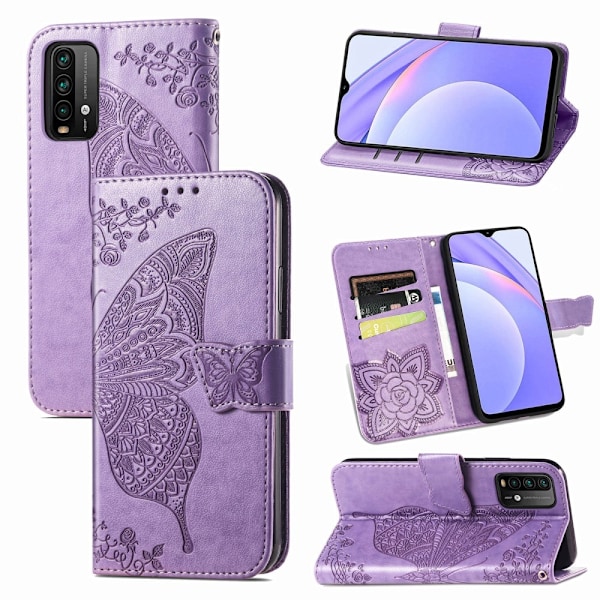 Xiaomi Redmi 9T - Butterfly Läder Fodral - Ljus Lila