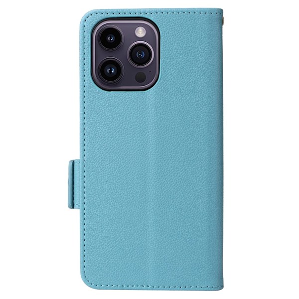 iPhone 15 Plus Fodral Litchi Textur Med Snodd Ljus Blå