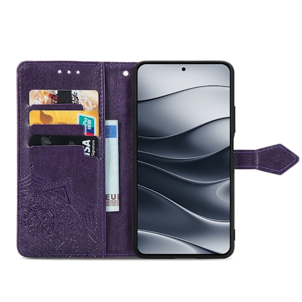 Xiaomi Redmi Note 14 5G Fodral Läder Mandala Tryck Mörk Lila
