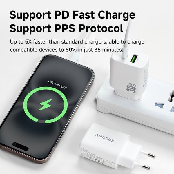 Amorus 30W GaN PD QC USB-C / USB-A Väggladdare Vit
