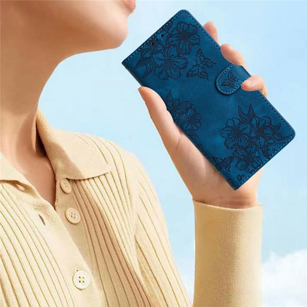 iPhone 17 Pro Max Fodral Med Blommigt Tryck Läder Blå