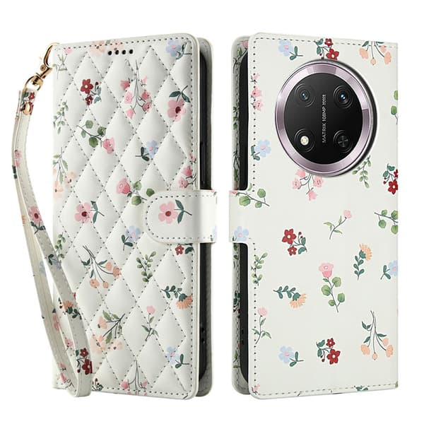 Honor Magic7 Lite Fodral Rhombus Läder Blommor Vit