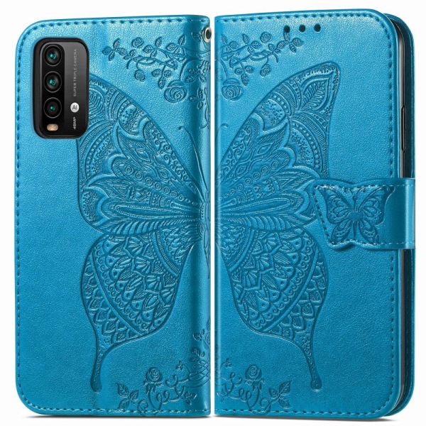 Xiaomi Redmi 9T - Butterfly Läder Fodral - Blå Blue Blå