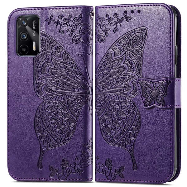 Realme GT 5G - Butterfly Läder Fodral - Mörk Lila