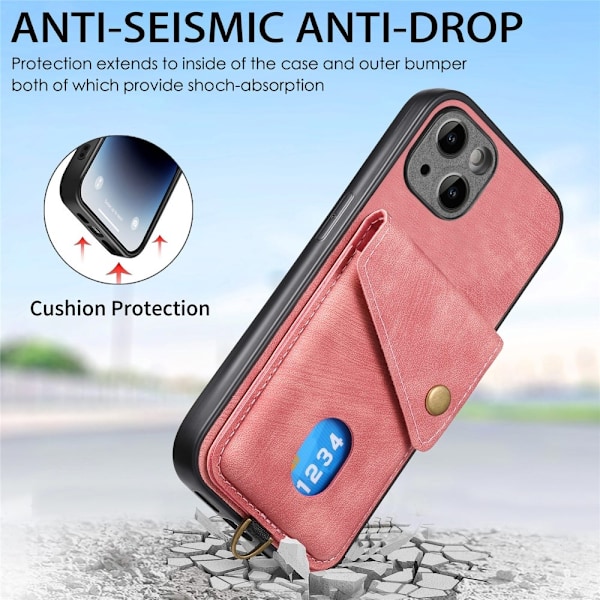 iPhone 15 Plus Skal Retro Läder Med Kortfack Rosa