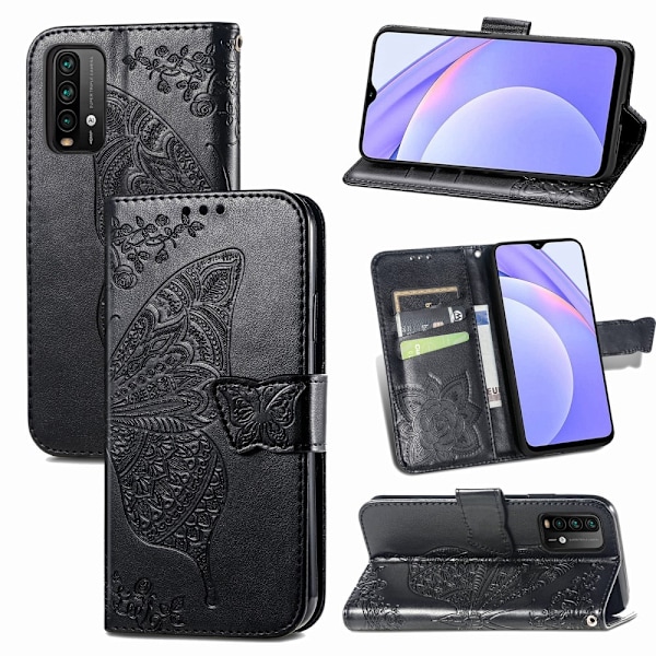 Xiaomi Redmi 9T - Butterfly Läder Fodral - Svart Black Svart