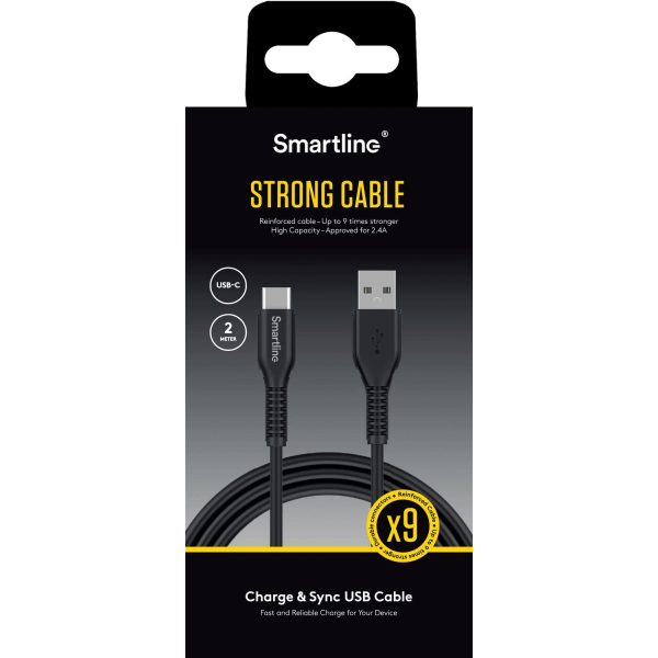 Smartline 2m 3A USB-C Nylon Laddningskabel Svart