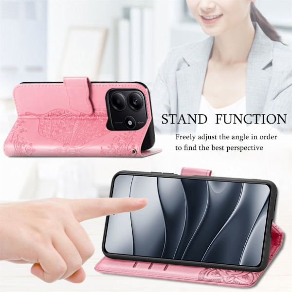Xiaomi Redmi Note 14 5G Fodral Läder Fjäril Tryck Rosa
