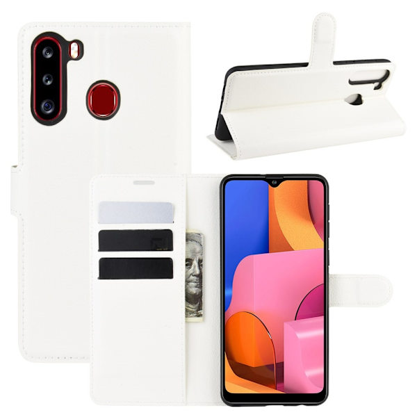 Samsung Galaxy A21 - Litchi Läder Fodral - Vit White Vit