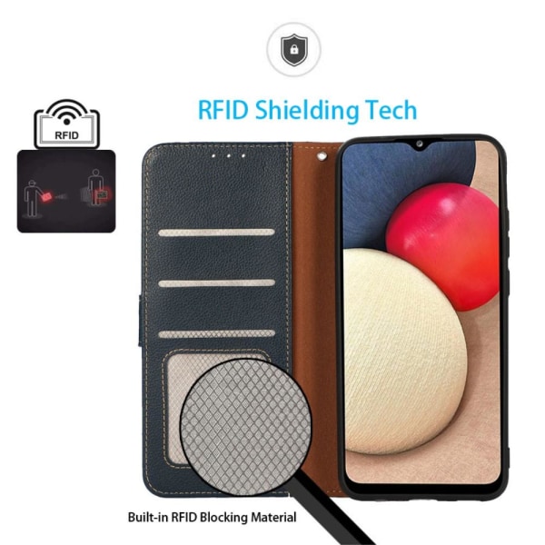 KHAZNEH iPhone 15 Fodral RFID Litchi Läder Blå