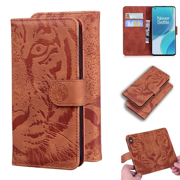 OnePlus 9 Pro - Tiger Tryck Läder Fodral - Brun Brown Brun