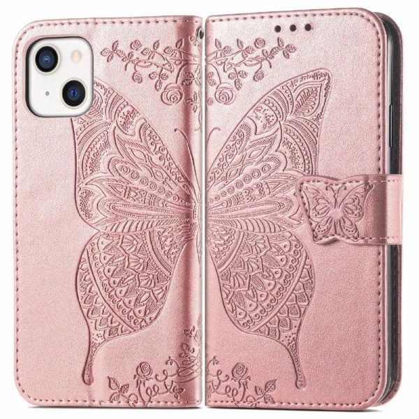 iPhone 13 - Butterfly Print Läder Fodral - Roséguld