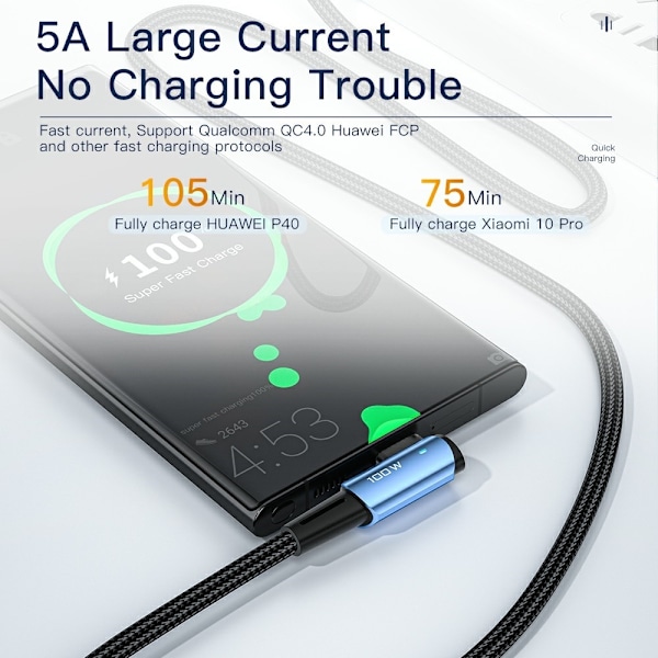 ESSAGER 2m 100W PD USB-C - USB-C Elbow Laddningskabel Svart
