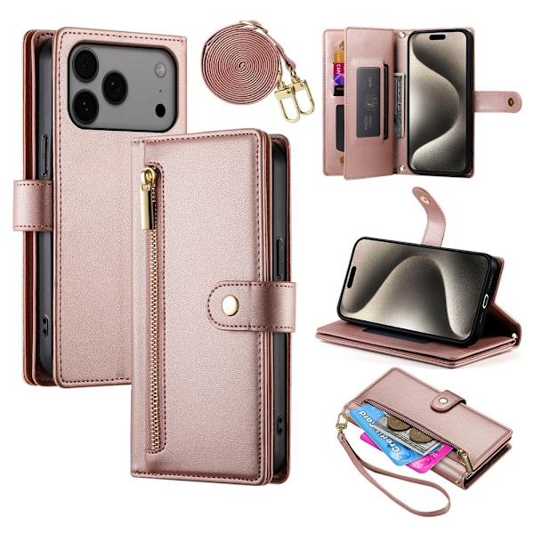 iPhone 17 Pro Max Fodral Multifunktionell Läder Roséguld