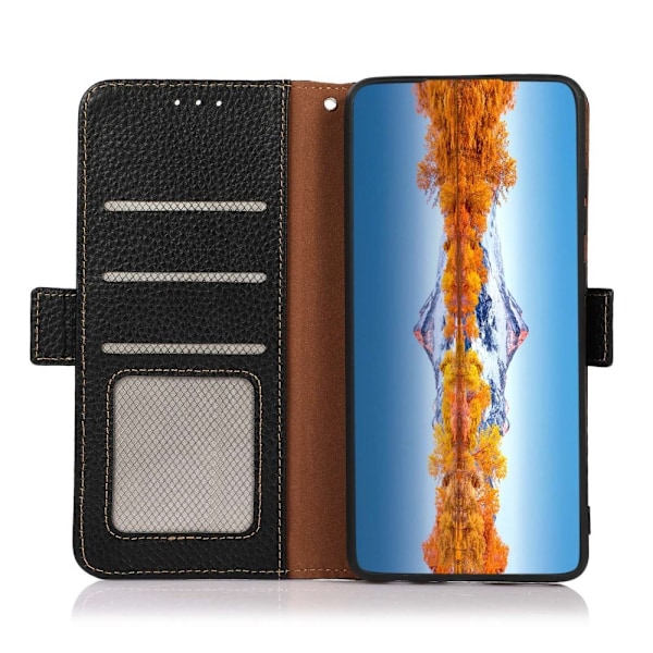 KHAZNEH Galaxy S23 Fodral RFID Litchi Äkta Läder Svart