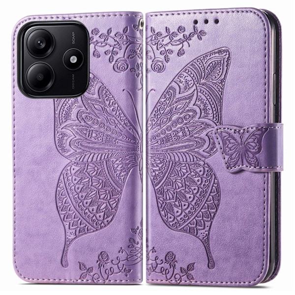 Xiaomi Redmi Note 14 5G Fodral Läder Fjäril Tryck Lila