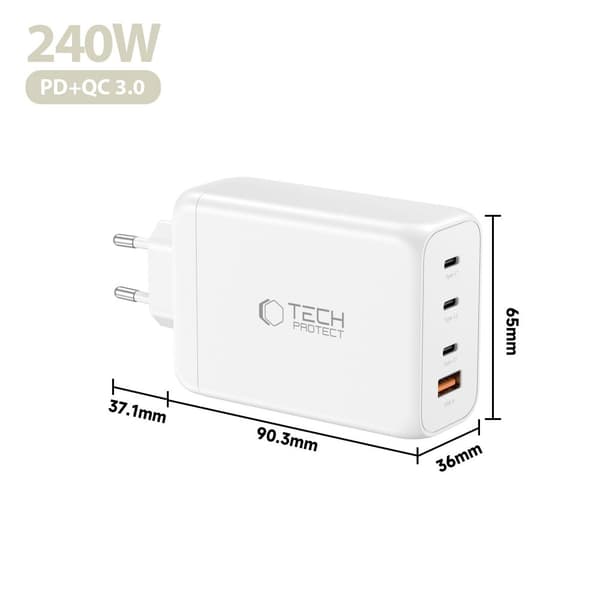 Tech-Protect 240W Väggladdare PD QC3.0 USB-C / USB-A Vit