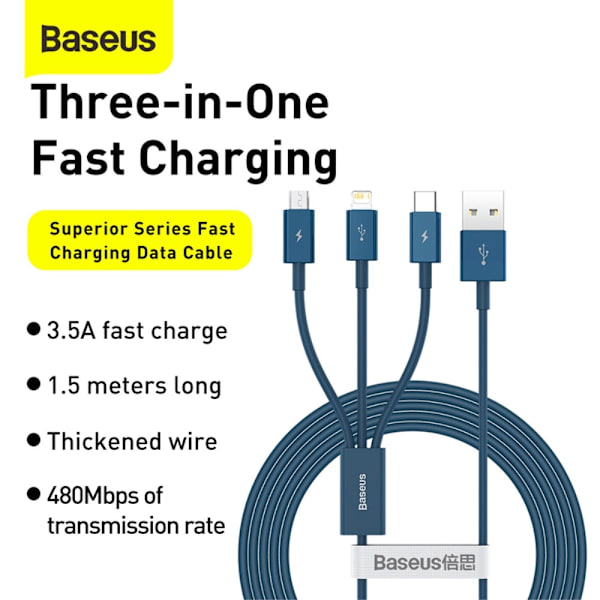 BASEUS 1.5 m 3in1 USB-C/Lightning/MicroUSB Blå