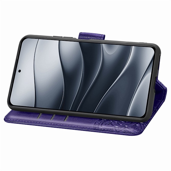 Xiaomi Redmi Note 14 5G Fodral Läder Fjäril Tryck Mörk Lila