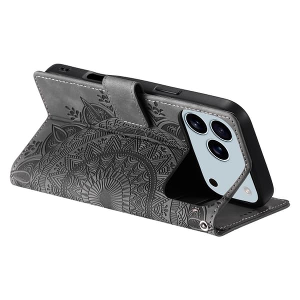 iPhone 17 Pro Max Fodral Mandala Läder Grå
