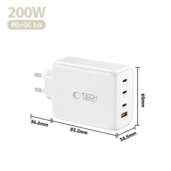 Tech-Protect 200W Väggladdare PD QC3.0 USB-C / USB-A Vit