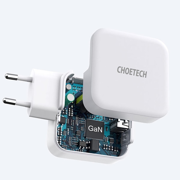 Choetech 65W GaN USB-C / USB-A PD QC Väggladdare Vit