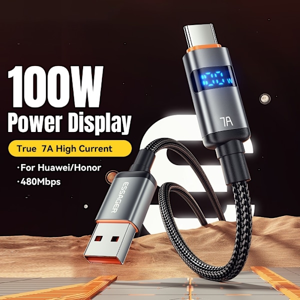 ESSAGER 2 m 100W 7A USB-C Laddningskabel Svart