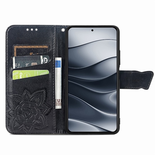 Xiaomi Redmi Note 14 5G Fodral Läder Fjäril Tryck Svart