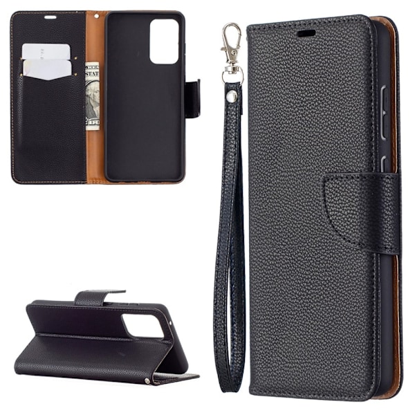 Samsung Galaxy A72 - Litchi Textur Läder Fodral - Svart Black Svart