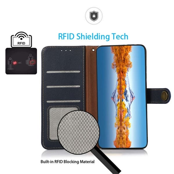 KHAZNEH iPhone 17 Pro Fodral RFID Äkta Läder Mörk Blå