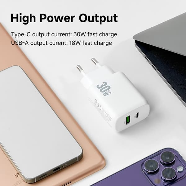 Amorus 30W GaN PD QC USB-C / USB-A Väggladdare Vit