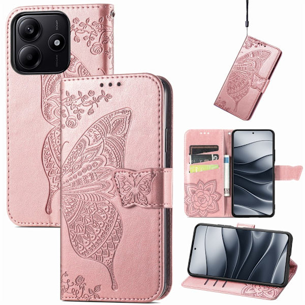 Xiaomi Redmi Note 14 5G Fodral Läder Fjäril Tryck Roséguld