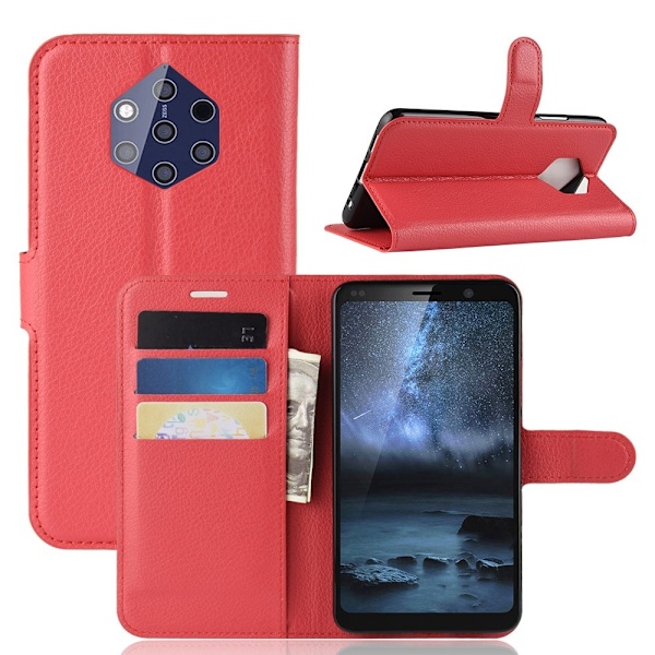 Nokia 9 PureView - Litchi Plånboksfodral - Röd Red Röd