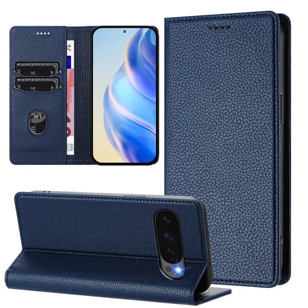 Google Pixel 10/10 Pro / 9/9 Pro Fodral RFID Litchi Läder Blå