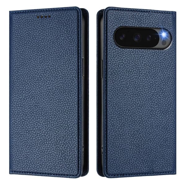 Google Pixel 10/10 Pro / 9/9 Pro Fodral RFID Litchi Läder Blå