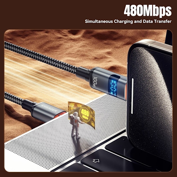 ESSAGER 2 m 100W 5A PD USB-C - USB-C Laddningskabel Svart