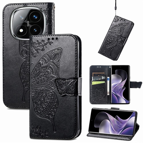 Xiaomi Redmi Note 14 Pro 5G Fodral Läder Fjäril Tryck Svart