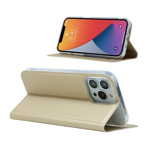 iPhone 13 Pro - Silkeslent Läder Flip Fodral - Guld
