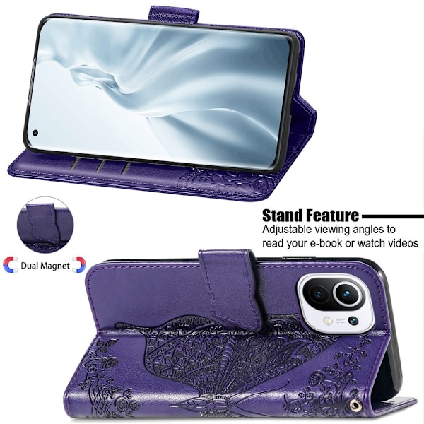 Xiaomi Mi 11 - Butterfly Läder Fodral - Lila Purple Lila